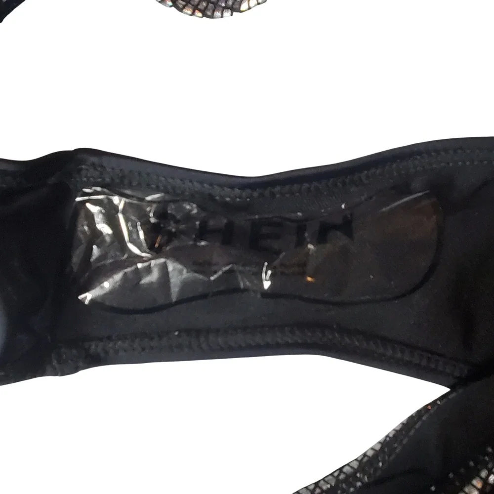 SHEIN Bikini Set Women Large Black Silver Metallic Layered‎ High Cut L